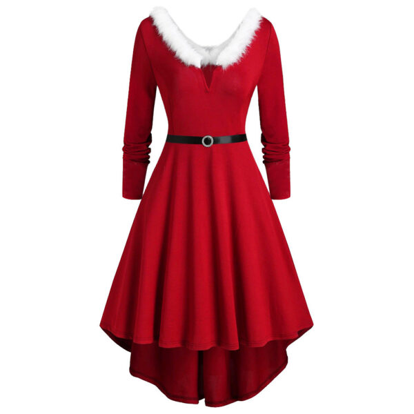 Women's Long Sleeve V-Neck Christmas Dress with Furry Accents - Image 2