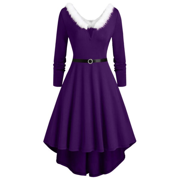 Women's Long Sleeve V-Neck Christmas Dress with Furry Accents - Image 4