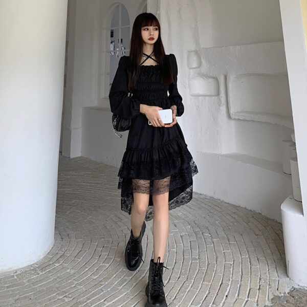 Women's Black Lace Dress with Irregular Hem and Pleated Waist - Image 3