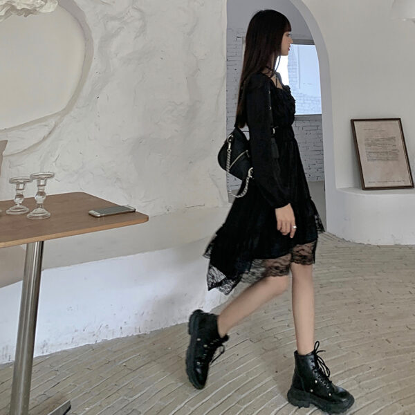Women's Black Lace Dress with Irregular Hem and Pleated Waist - Image 4