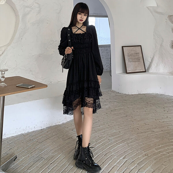 Women's Black Lace Dress with Irregular Hem and Pleated Waist - Image 2