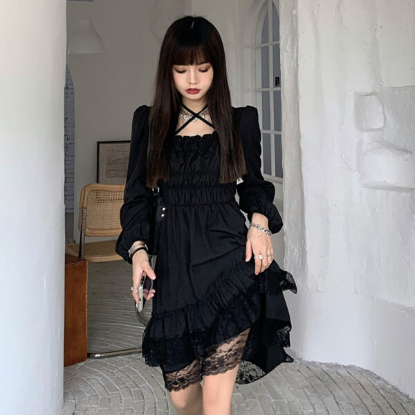 Women's Black Lace Dress with Irregular Hem and Pleated Waist - Image 5