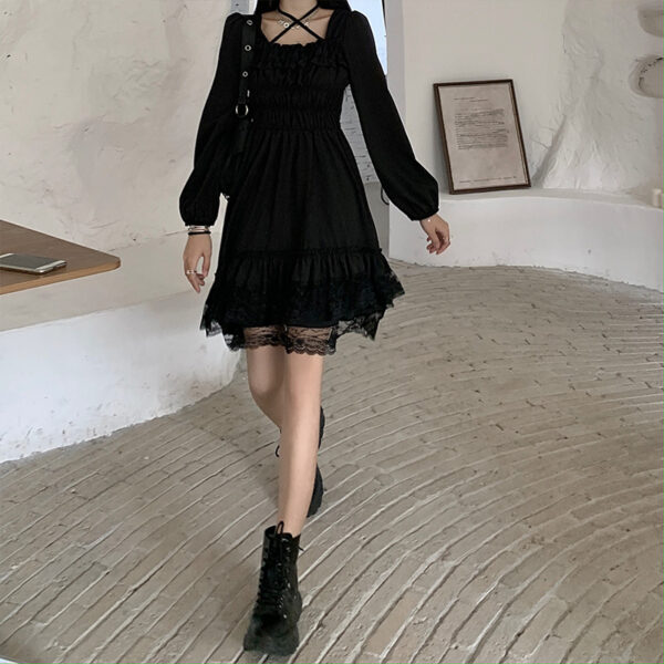 Women's Black Lace Dress with Irregular Hem and Pleated Waist - Image 7