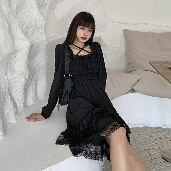 Women's Black Lace Dress with Irregular Hem and Pleated Waist - Image 6