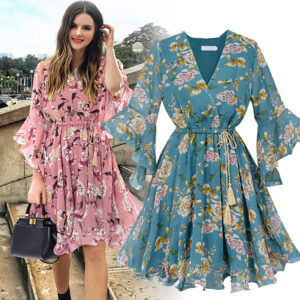 V-Neck Flared Sleeves Dress for Women
