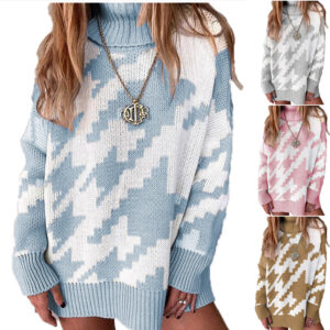 Women’s Mid Length Sweater with Stylish Lapel and Contrasting Hues