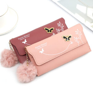 Stylish Bow Accented Hair Ball Long Wallet for Women