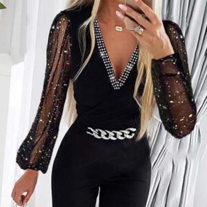 Women’s V Neck Rhinestone Mesh Jumpsuit