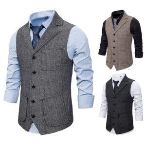 Men’s Single-Breasted Lapel Vest in Herringbone