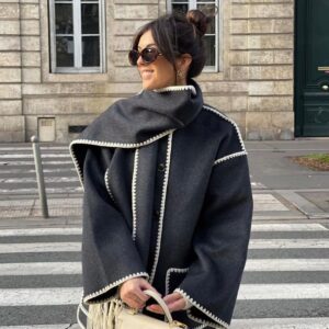 Women’s Fashionable Woolen Coat with Scarf Tassel
