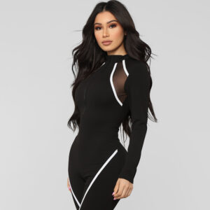 Women’s Mesh Stitching Striped Fitness Jumpsuit