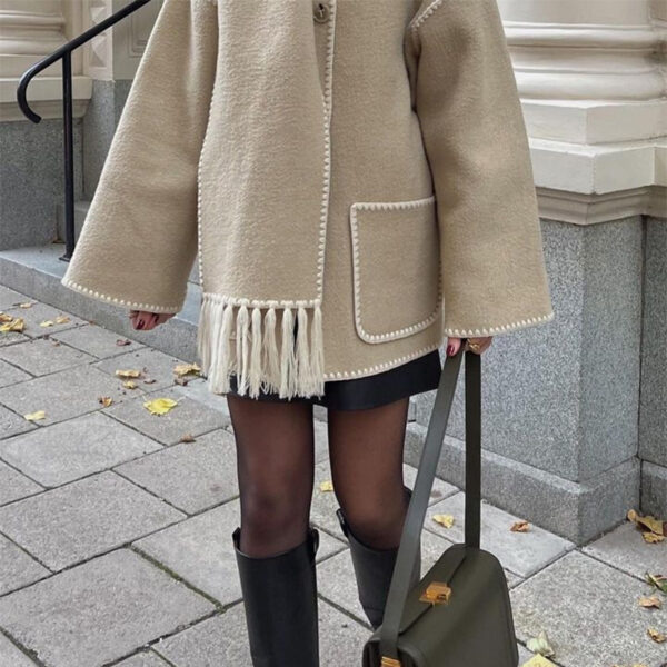 Women's Fashionable Woolen Coat with Scarf Tassel - Image 5