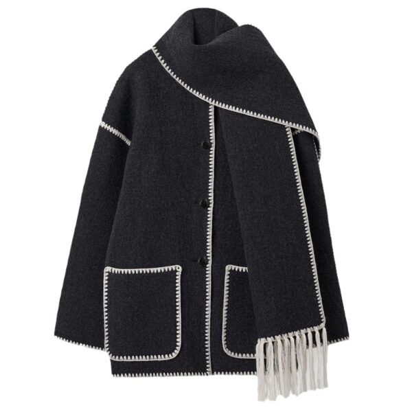 Women's Fashionable Woolen Coat with Scarf Tassel - Image 8