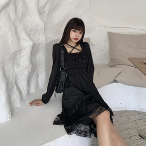 Women’s Black Lace Dress with Irregular Hem and Pleated Waist
