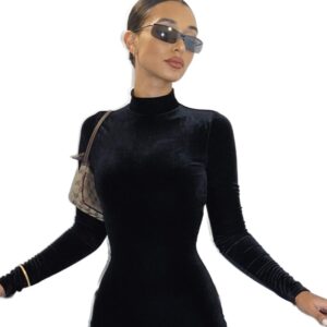 Women’s Velvet Slim Fit Bodycon Jumpsuit with High Neck