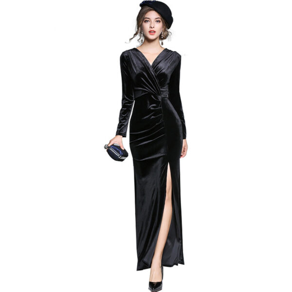Women's Velvet Evening Dress with Slit and Pleats - Image 2