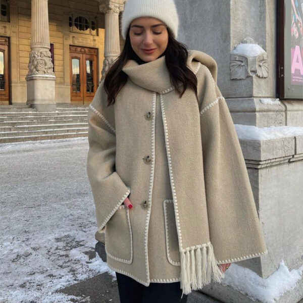 Women's Fashionable Woolen Coat with Scarf Tassel - Image 2