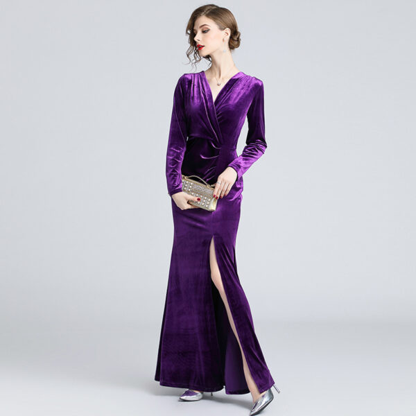 Women's Velvet Evening Dress with Slit and Pleats - Image 3