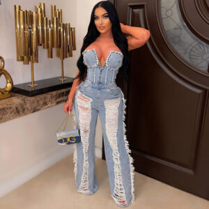 Distressed Denim Jumpsuit with Tassels and Holes
