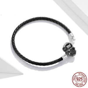 925 Sterling Silver Love Heart Black Braided Cross Bracelet