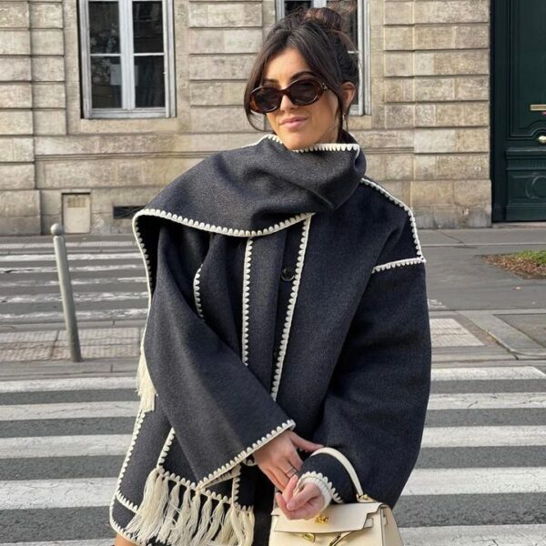Women's Fashionable Woolen Coat with Scarf Tassel - Image 7