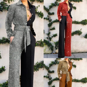Elegant V-Neck Rhinestone Cotton Jumpsuit for Women