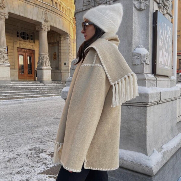 Women's Fashionable Woolen Coat with Scarf Tassel - Image 3