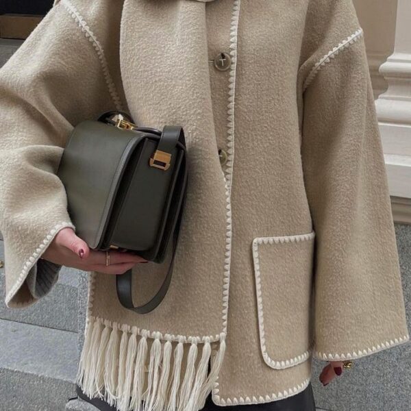 Women's Fashionable Woolen Coat with Scarf Tassel - Image 4