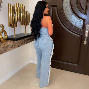 Distressed Denim Jumpsuit with Tassels and Holes
