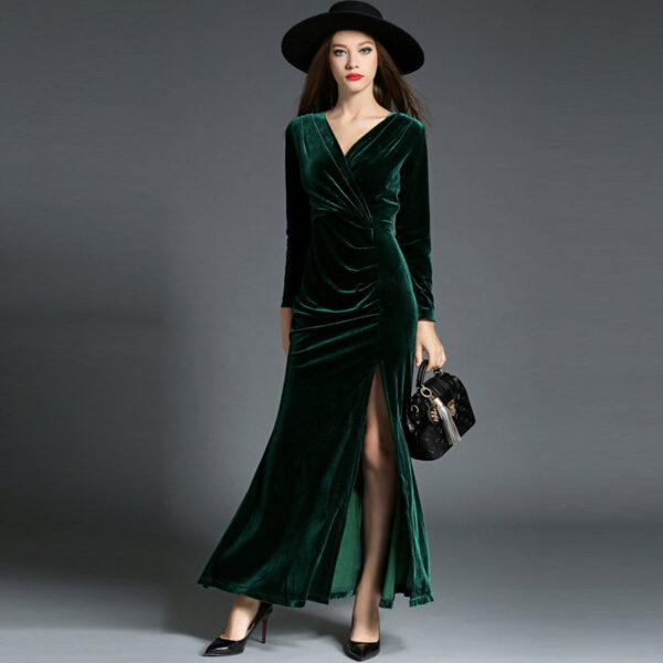 Women's Velvet Evening Dress with Slit and Pleats - Image 5