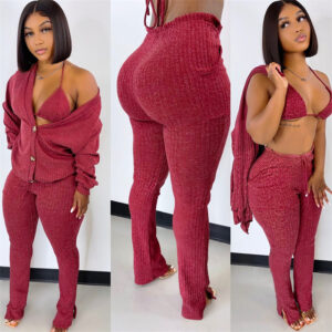 Women’s 3-Piece Woolen Loungewear Set with Pockets