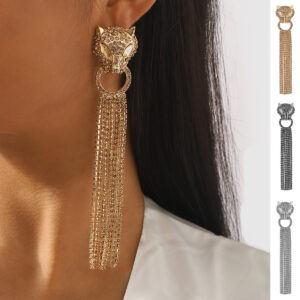 Rhinestones Tassel Earrings featuring Leopard Head