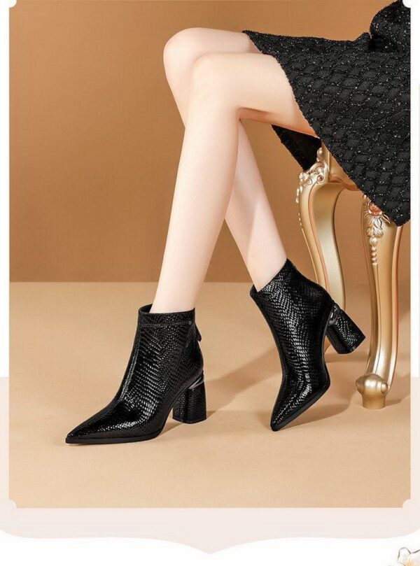 Pointed Toe Leather Ankle Boots with Thick Heels for Women – Stylish and Chic - Image 2