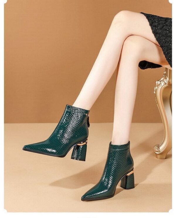 Pointed Toe Leather Ankle Boots with Thick Heels for Women – Stylish and Chic