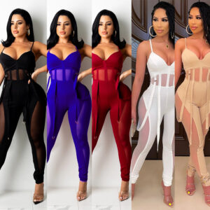 Women’s Mesh Jumpsuit – Sexy Spaghetti Strap Sleeveless Outfit
