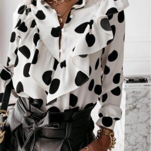 Women’s Pleated Polka Dot Blouse with Long Stand Collar Split