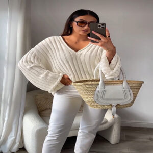 Women’s Slouchy Rib Loose Pullover V-Neck Sweater with Rolled Edge Detailing