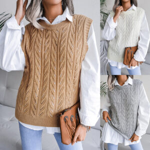 Women’s Hollow Out Sleeveless Sweater Vest with Floral Motif