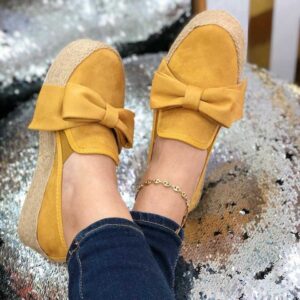 Women’s Hemp Shoes – Slip-On Flats with Platform and Bow Detail