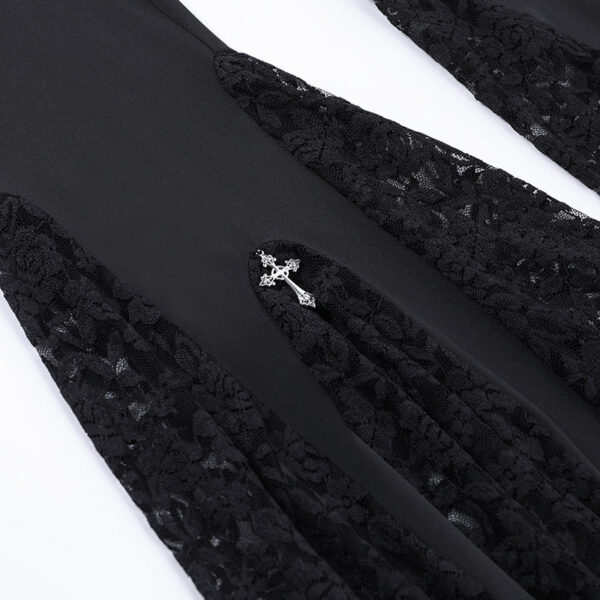 Women's Gothic Flared Pants Adorned with Lace Panels and Crosses - Image 6