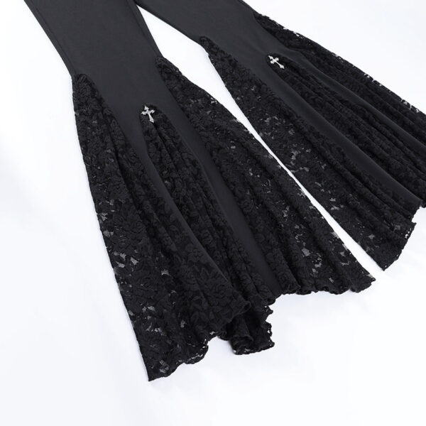Women's Gothic Flared Pants Adorned with Lace Panels and Crosses - Image 5