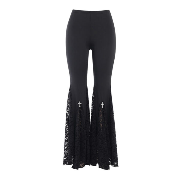 Women's Gothic Flared Pants Adorned with Lace Panels and Crosses - Image 4