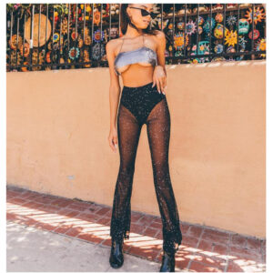 Women’s Flared Bell Bottom Pants with Spliced Sheer Mesh