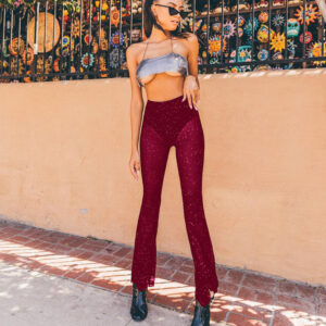 Women’s Flared Bell Bottom Pants with Spliced Sheer Mesh