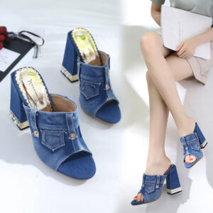 Women’s Block Heel Mule Sandals – Chic Denim Slip-On Style