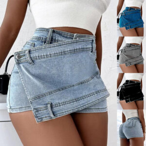 Trendy High Waist Denim Skort with Asymmetrical Wrap Design and Pockets