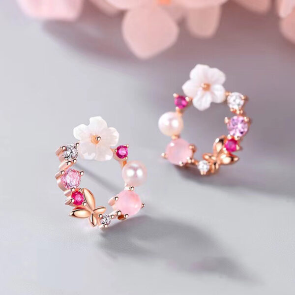 S925 Sterling Silver Fresh Pink Garland Stud Earrings Korean And Japanese Style - Image 3