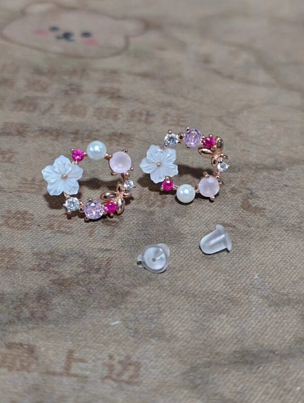 S925 Sterling Silver Fresh Pink Garland Stud Earrings Korean And Japanese Style - Image 2