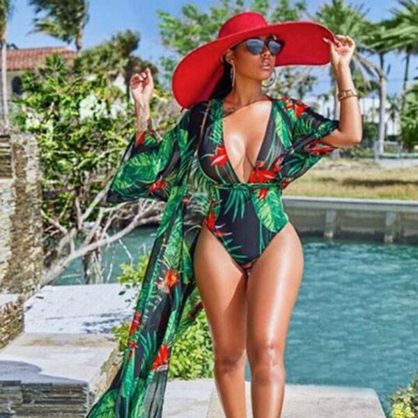 Plus Size Swimsuit Female One-piece Sexy Digital Printed Veil Bikini Blouse - Image 3