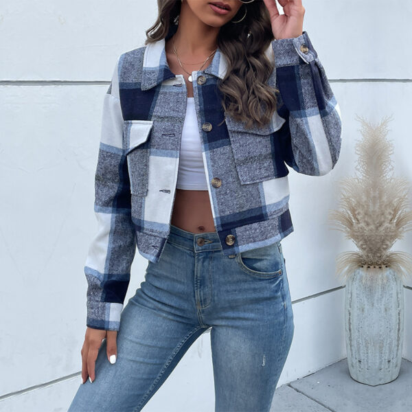 Women's Flannel Crop Jacket with Bold Plaid Pattern - Image 3